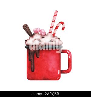 illustrazione acquerello di una graziosa tazza rossa con cioccolata calda Foto Stock