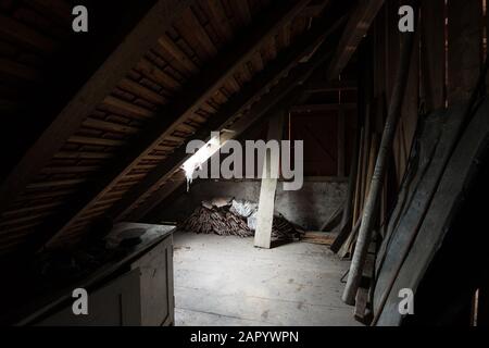 All'interno della soffitta di una vecchia casa con ragnatele. Foto Stock