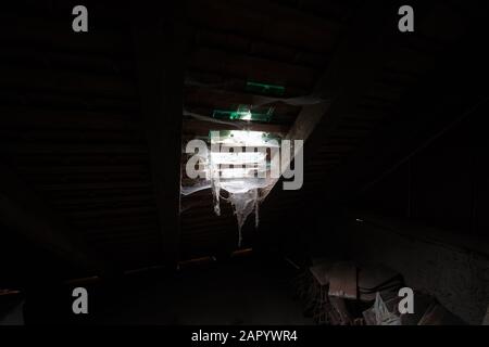All'interno della soffitta di una vecchia casa con ragnatele. Foto Stock