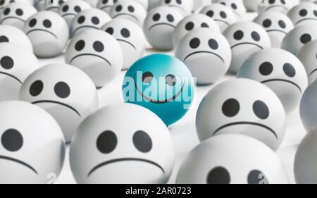 Volto triste e felice, concetto di felicità, illustrazione del rendering 3D Foto Stock