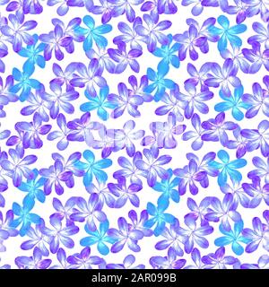 Plumeria fiori blu e viola illustrazione acquerello, disegno senza cuciture motivo su bianco Foto Stock