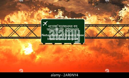 Kolkata India Airport Highway Sign In An Amazing Sunset Sunrise 3d Illustration Foto Stock