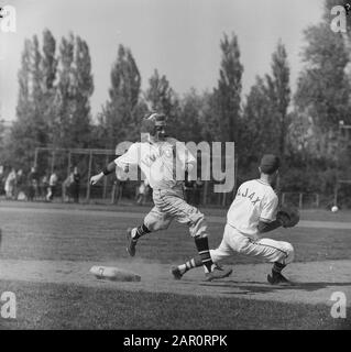 Baseball Ajax contro VVGA 1-5, Koene van VVGA viene sulla prima base, prima che Van Ham (Ajax) possiede palla Data: 16 maggio 1964 Parole Chiave: Baseball Institution Name: VVVGA Foto Stock