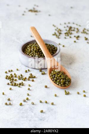 Fagioli bianchi secchi in una ciotola con un cucchiaio di legno vicino Foto Stock