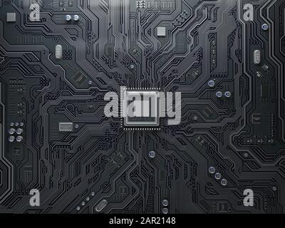 Chip della CPU su una scheda di circuito. Scheda madre nera con la centrale di chip del processore. Hardware per computer tecnology. 3d illustrazione Foto Stock