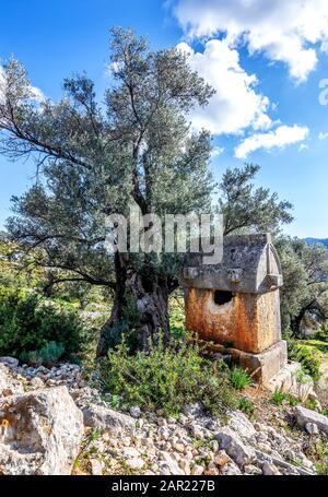 Üçağız è uno dei punti nascosti di Antalya. Questo posto è conosciuto principalmente come l'antico nome 'Kekova'. Kekova è un'antica città licana Foto Stock