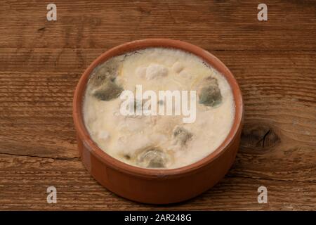 una ciotola di yogurt ammuffito su un tavolo di legno Foto Stock