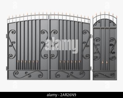 Porte in metallo nero su sfondo bianco rendering 3d Foto Stock