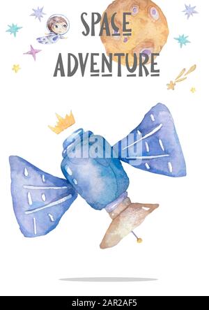 Stazione spaziale mondiale orbitante intorno alla terra, carino watercolor cartoon illustrazione di spaceflight, astronave spaziale bacio con pannelli solari, artificiale Foto Stock