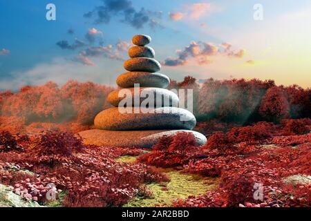 Sfondo di meditazione Zen, stack di pietre bilanciate (rendering 3d) Foto Stock