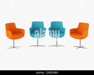 Quattro sedie arancio e blu con gambe in ferro 3d rendering Foto Stock