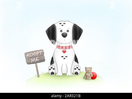 cute mano disegnato illustrazione di cane cucciolo triste, seduto su erba accanto a segno di legno con testo adottare me, e teddybear, palla rossa e collare, su bianco b Foto Stock