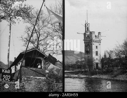 Gloria olandese sulla navigazione Reno, reportage da rimorchiatore Damco 9: Germania Ovest. Segnale post con bandiera bianca lungo il Reno vicino Kaub. Vista del Binger Mäuseturm Data: 1 aprile 1955 Località: Bingen, Germania, Kaub, Germania occidentale Parole Chiave: Navigazione interna, colline, fiumi, segnali, torri, bandiere Foto Stock
