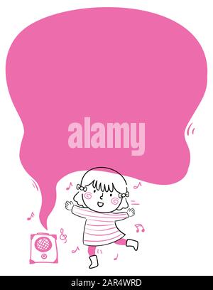 Doodle Illustrazione di una ragazza capretto che balla con altoparlante, note musicali e Speech Bubble per Lyrics Foto Stock