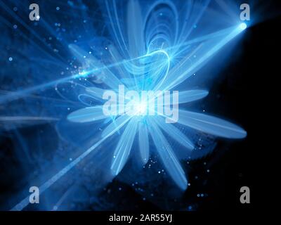 Fissione di particelle a forma di fiore incandescente blu in Large Hadron Collider, computer generated abstract background, 3D rendering Foto Stock