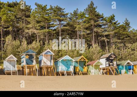 29 giugno 2019: Wells-Next-The-Sea, Norfolk, Inghilterra, Regno Unito - baite sulla spiaggia, pini dietro. Foto Stock