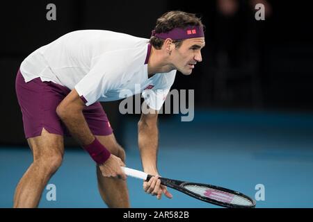 Melbourne, Australia. 26th Gen 2020. Roger Federer della Svizzera durante la quarta partita al ATP Australian Open 2020 a Melbourne Park, Melbourne, Australia, il 26 gennaio 2020. Foto Di Peter Dovgan. Credit: Uk Sports Pics Ltd/Alamy Live News Foto Stock