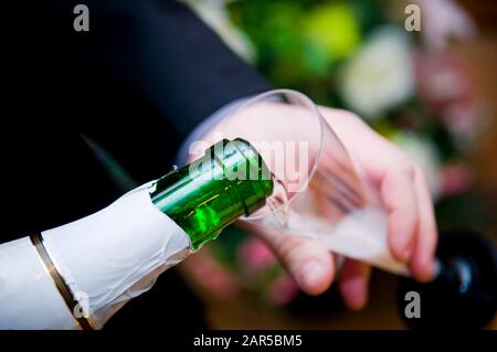 Lo champagne di una bottiglia viene versato in un bicchiere di plastica. Improvvisato partito sulla strada. Primo piano Foto Stock