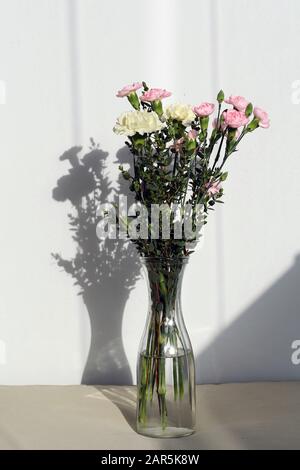 Bouquet di fiori di colore super carino e chiaro, tra cui fiori di cananthus rosa e bianco con fiori di crisantemo bianchi e altri fiori bianchi. Foto Stock