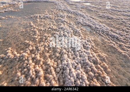 Spiaggia di sale cristallino illuminata dal sole del mattino, piccoli pozzanghere con acqua di mare al Mar Morto - il lago più ipersalina del mondo Foto Stock