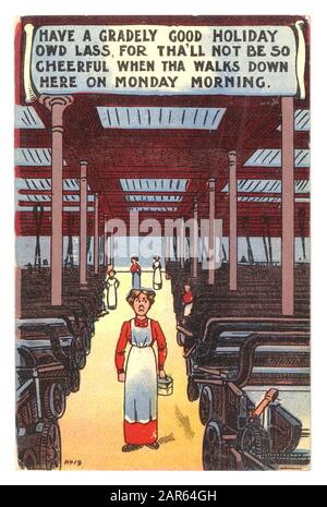 La cartolina originale dei primi anni '1900, in cui si parla di un lavoratore del cotonificio del Lancashire in vacanza, invita il lavoratore a sfruttare al massimo la sua vacanza annuale o la settimana dei risvegli, prima di tornare alla triste routine quotidiana del posto di lavoro, nel Regno Unito. circa 1910. Foto Stock