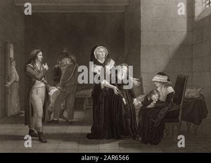 Partenza de la reine pour la Conciergerie, le 2 aout 1793 - Separation de Marie-Antoinette d'Autriche, avec sa famille : dans la tour du Temple - gravu Foto Stock