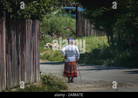 Donna su una strada in villaggio nella contea di Buzau nella regione storica Muntenia della Romania Foto Stock