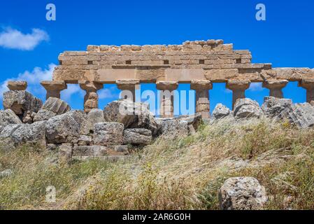 Resti del Tempio C - Tempio Apollo nell'Acropoli di Selinunte antica città greca sulla costa sud occidentale della Sicilia in Italia Foto Stock