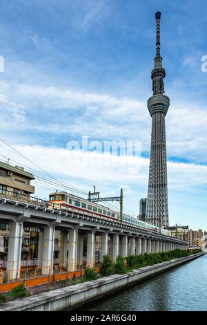 Treno metropolitano sotto lo Skytree di Tokyo, la torre tv più alta del mondo, Giappone Foto Stock