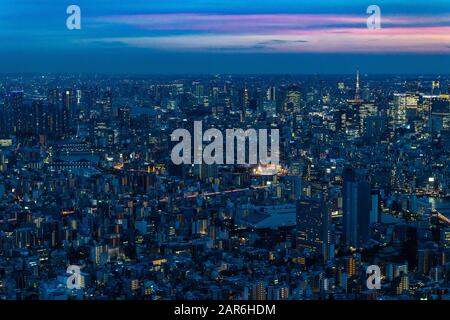 Vista panoramica di Tokyo al tramonto dallo Skytree, la torre più alta del mondo, Giappone Foto Stock