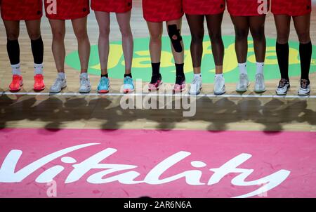 Una visione generale dei giocatori di Inghilterra Vitality Roses durante la partita di Vitality netball Nations Cup alla Copper Box, Londra. Foto Stock