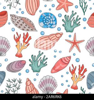 Motivo con conchiglie su sfondo bianco Foto Stock