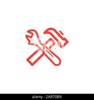 Icona Rossa Della Linea Del Martello E Della Chiave Su Sfondo Bianco. Illustrazione Vettoriale Stile Piatto Rosso Foto Stock