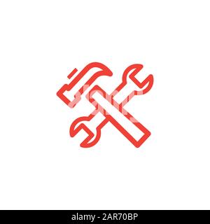 Icona Rossa Della Linea Del Martello E Della Chiave Su Sfondo Bianco. Illustrazione Vettoriale Stile Piatto Rosso Foto Stock