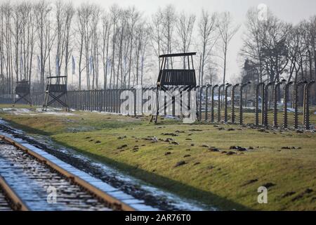 Auschwitz, POLONIA - 20 dicembre 2019: Torri di avvistamento al campo di concentramento di Auschwitz (Konzentrationslager Auschwitz) Foto Stock
