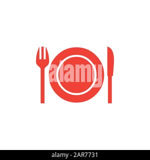 Piastra Con Coltello E Forcella Icona Rossa Su Sfondo Bianco. Illustrazione Vettoriale Stile Piatto Rosso. Foto Stock