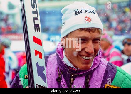 Pirmin Zurbriggen della Svizzera in gara ai Campionati mondiali di sci alpino FIS del 1989 Foto Stock