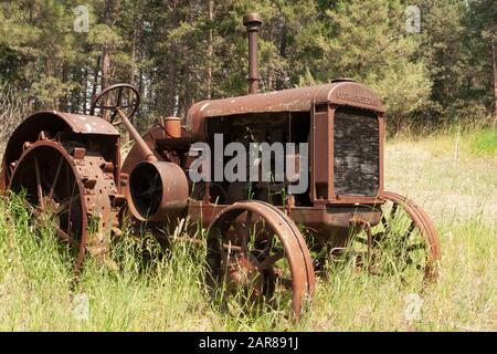 Un vecchio trattore McCormick-Deering modello 10-20 del 1929 nell'erba alta, lungo la pianura alluvionale di Rock Creek, a sud-est di Clinton, nella contea di Missoula, Mona Foto Stock