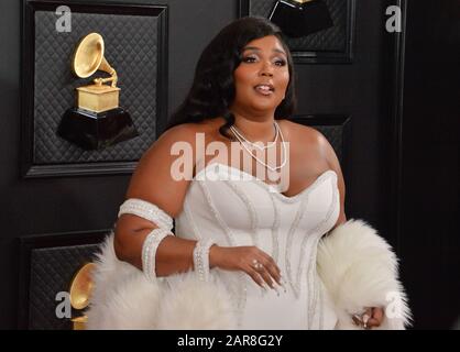 Los Angeles, Stati Uniti. 26th gennaio 2020. Los Angeles, Stati Uniti. 26th gennaio 2020. Lizzo arriva per i Grammy Awards annuali 62nd che si tengono allo Staples Center di Los Angeles domenica 26 gennaio 2020. Foto di Jim Ruymen/UPI Credit: UPI/Alamy Live News Foto Stock