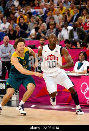 Londra, Regno Unito. 8 Agosto 2012. Foto di US Basketball star Kobe Bryant in gara per Team USA contro l'Australia durante i quarti di finale del torneo di basket alle Olimpiadi di Londra del 2012. Bryant insieme alla figlia di 13 anni, Gianna è stata uccisa in un incidente in elicottero a Calabasas, California, domenica 26 gennaio 2019 Foto Stock