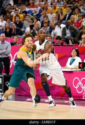 Londra, Regno Unito. 8 Agosto 2012. Foto di US Basketball star Kobe Bryant in gara per Team USA contro l'Australia durante i quarti di finale del torneo di basket alle Olimpiadi di Londra del 2012. Bryant insieme alla figlia di 13 anni, Gianna è stata uccisa in un incidente in elicottero a Calabasas, California, domenica 26 gennaio 2019 Foto Stock