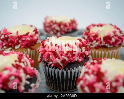 Piatto di tortini di cioccolato e vaniglia decorato con spruzzette rosse, bianche e rosa per San Valentino. Foto Stock