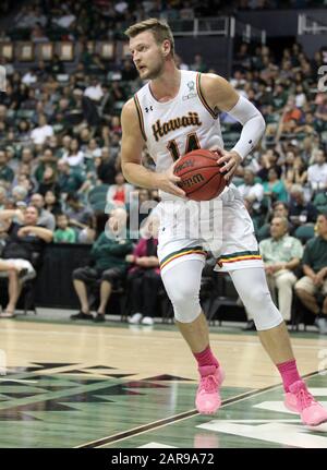 25 gennaio 2020 - Hawaii Rainbow Warriors inoltra Zigmars Raimo (14) durante una partita tra i Rainbow Warriors delle Hawaii e le UC Davis Aggies presso lo Stan Sheriff Center di Honolulu, HI - Michael Sullivan/CSM Foto Stock