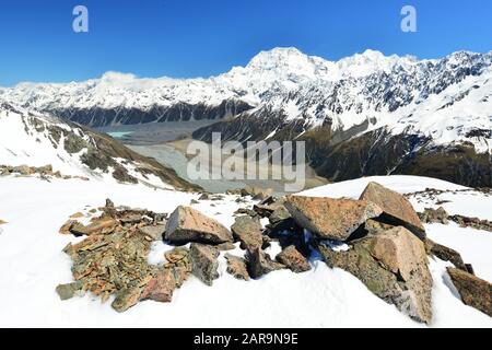 Paesaggio di Aoraki Mount Cook National Park da elicottero, Nuova Zelanda Foto Stock