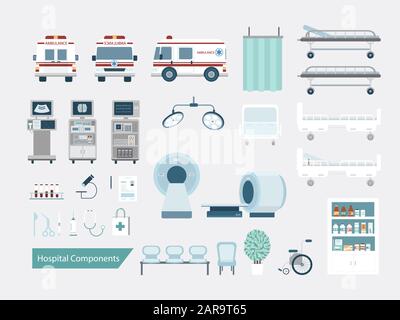 Insieme di componenti o elementi dell'ospedale disegno vettoriale piatto Illustrazione Vettoriale