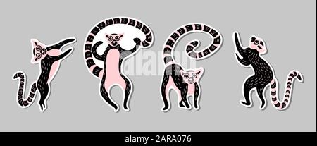 Set di adesivi con lemuri carino nero e rosa. Illustrazione del vettore piatto. Illustrazione Vettoriale