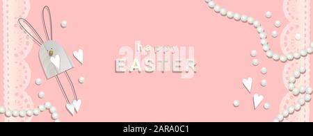 Sfondo di pasqua. Festosa composizione disegno vista dall'alto. coniglietti. Decorazione di pizzo. Felice Pasqua. Banner orizzontale, cartolina, flyer. Biglietto di auguri Illustrazione Vettoriale