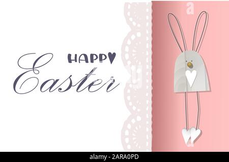 Sfondo di pasqua. Festosa composizione disegno vista dall'alto. coniglietti. Decorazione di pizzo. Felice Pasqua. Banner orizzontale, cartolina, flyer. Biglietto di auguri Illustrazione Vettoriale