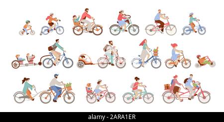 Set di biciclette uomo, donna e bambino a cavallo di diversi tipi - città, bmx, ibrido, chopper, Cruiser, attrezzi fissi, bici da bilanciamento, rimorchio co-pilot Illustrazione Vettoriale