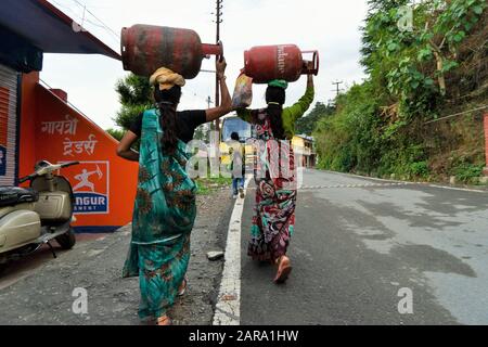 Donne Che Trasportano Bombole Di Gpl, Deodars Guest House, Papersali, Almora, Uttarakhand, India, Asia Foto Stock